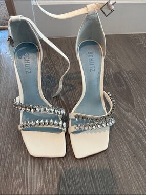 SCHUTZ White Crystal-Strap Open-Toe Ankle-Strap Heels